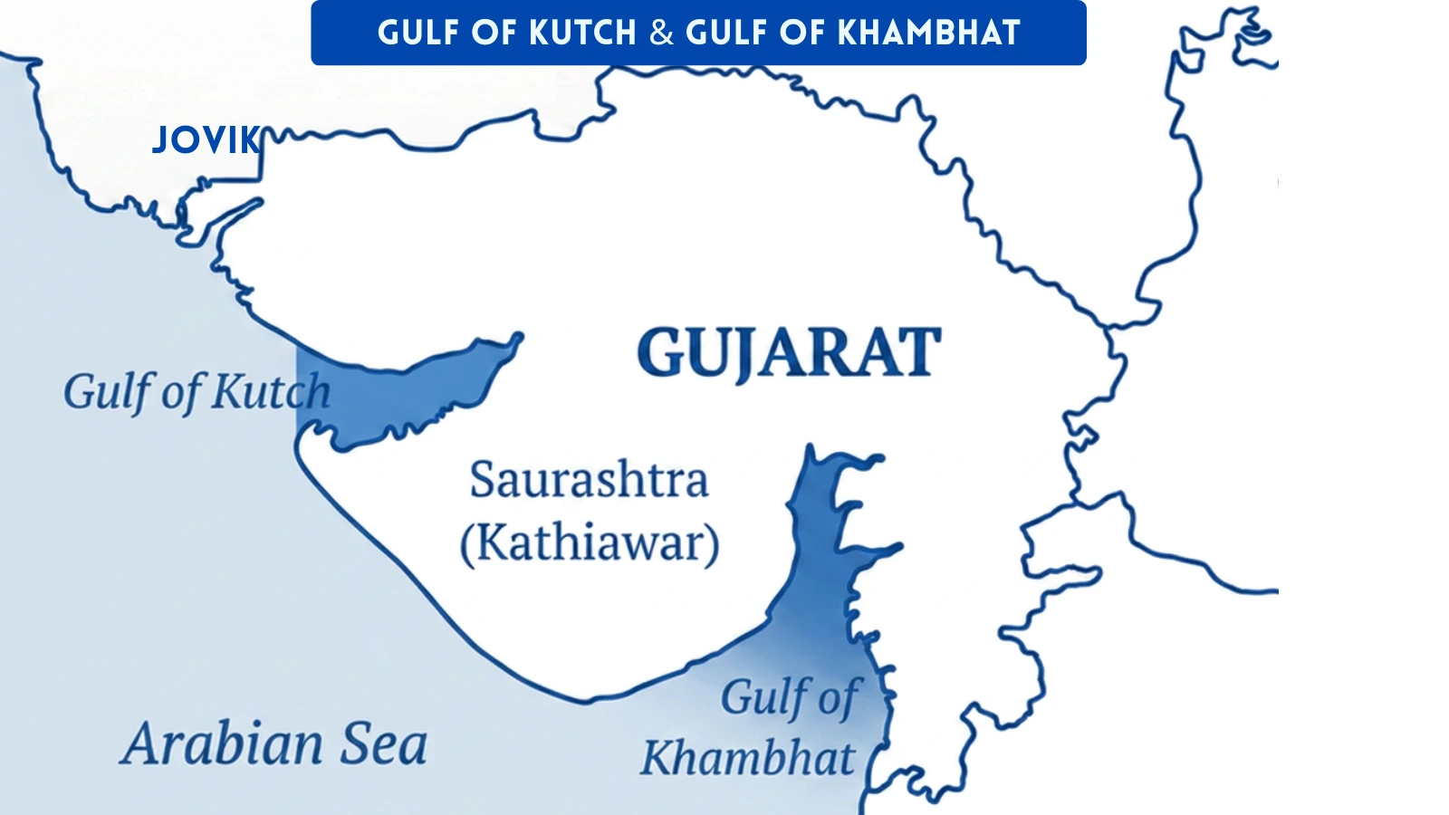 Map showing the Gulf of Kutch, Gulf of Khambhat (Cambay), Saurashtra (Kathiawar) Peninsula and Gujarat along the Arabian Sea coast.